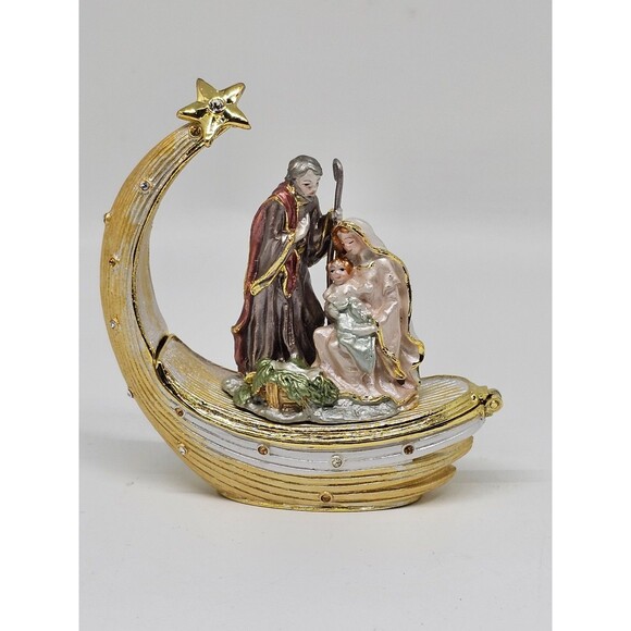 Nativity Scene Enameled Pewter Trinket Box with Rhinestones - Picture 1 of 10